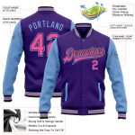 Personalized Purple Pink Light Blue-Black Bomber Full-Snap Varsity Letterman Two Tone Jacket Team Custom Name and Number