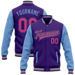 Personalized Purple Pink Light Blue-Black Bomber Full-Snap Varsity Letterman Two Tone Jacket Team Custom Name and Number