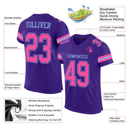 Personalized Purple Pink-Light Blue Mesh Authentic Football Jersey Team Custom Name and Number