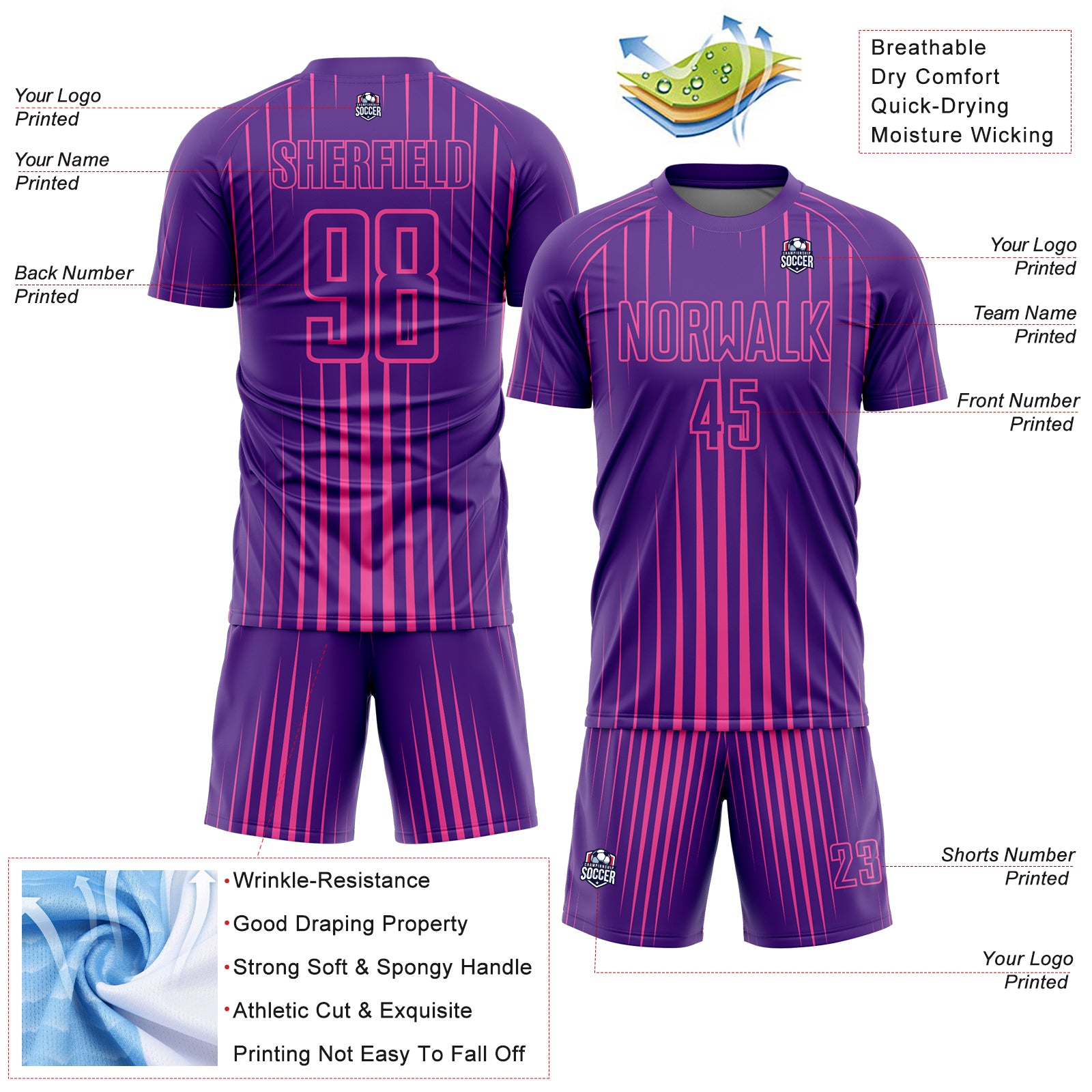 Personalized Purple Pink Lines Sublimation Soccer Uniform Jersey Team Custom Name and Number Personalized Purple Pink Lines Sublimation Soccer Uniform Jersey Team Custom Name and Number - Image 4