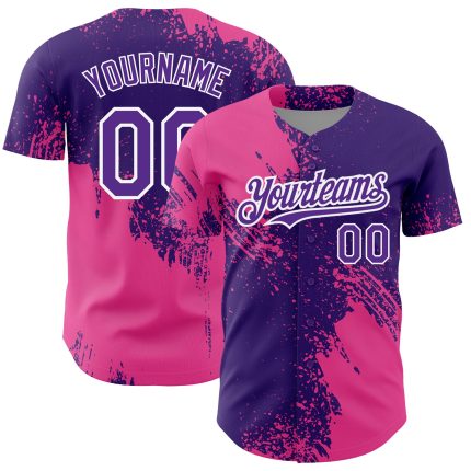 Personalized Purple Pink-White 3D Pattern Design Abstract Brush Stroke Authentic Baseball Jersey Team Custom Name and Number