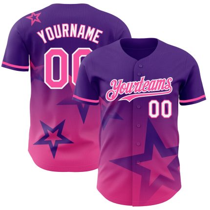 Personalized Purple Pink-White 3D Pattern Design Gradient Style Twinkle Star Authentic Baseball Jersey Team Custom Name and Number