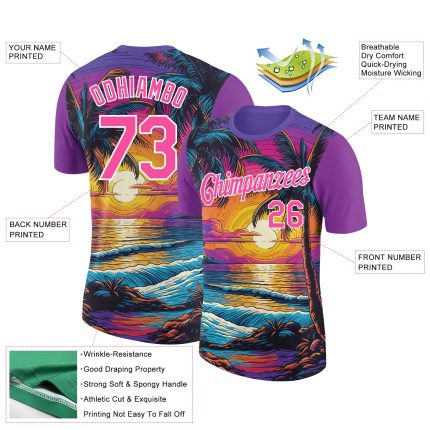 Personalized Purple Pink-White 3D Pattern Design Hawaii Palm Trees On Beach Performance T-Shirt Team Custom Name and Number