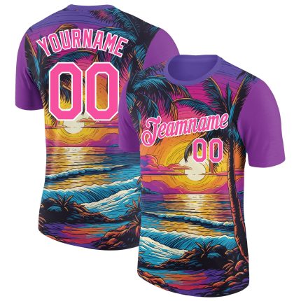 Personalized Purple Pink-White 3D Pattern Design Hawaii Palm Trees On Beach Performance T-Shirt Team Custom Name and Number