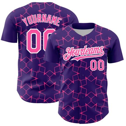 Personalized Purple Pink-White 3D Pattern Design Star Lines Authentic Baseball Jersey Team Custom Name and Number