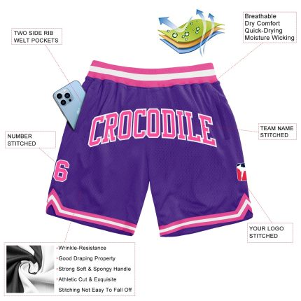 Personalized Purple Pink-White Authentic Throwback Basketball Shorts Team Custom Name and Number
