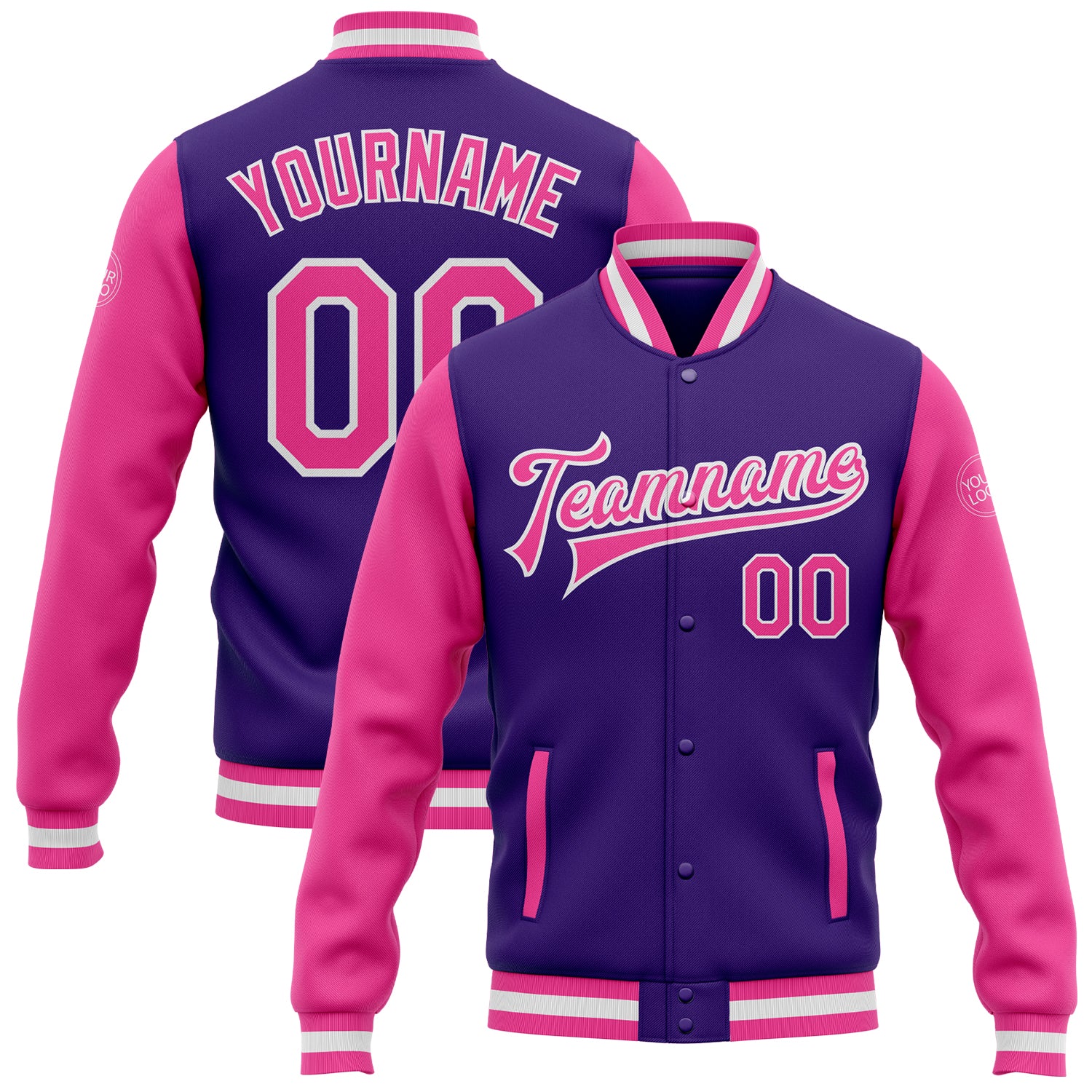 Personalized Purple Pink-White Bomber Full-Snap Varsity Letterman Two Tone Jacket Team Custom Name and Number