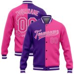 Personalized Purple Pink-White Eagle 3D Pattern Design Bomber Full-Snap Varsity Letterman Jacket Team Custom Name and Number