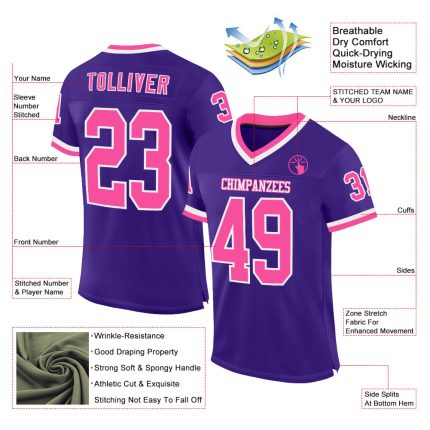 Personalized Purple Pink-White Mesh Authentic Throwback Football Jersey Team Custom Name and Number