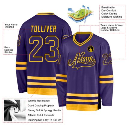 Personalized Purple Purple-Gold Hockey Jersey Team Custom Name and Number