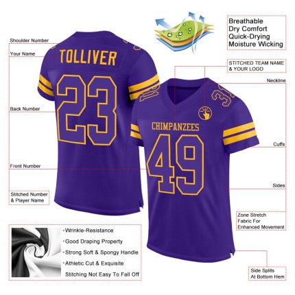 Personalized Purple Purple-Gold Mesh Authentic Football Jersey Team Custom Name and Number