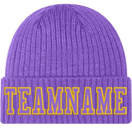 Personalized Purple Purple-Gold Stitched Cuffed Knit Hat Team Custom Name and Number