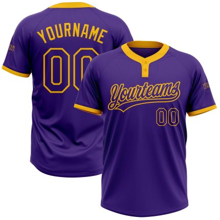 Personalized Purple Purple-Gold Two-Button Unisex Softball Jersey Team Custom Name and Number