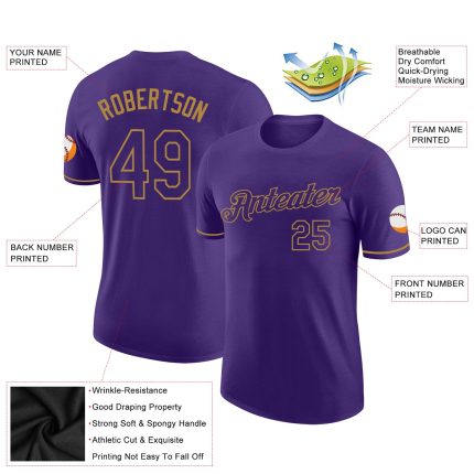 Personalized Purple Purple-Old Gold Performance T-Shirt Team Custom Name and Number