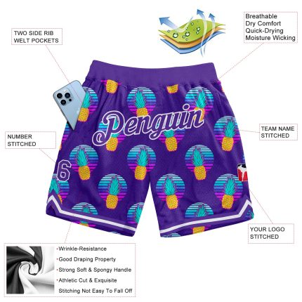Personalized Purple Purple-White 3D Pattern Design Pineapples Authentic Basketball Shorts Team Custom Name and Number