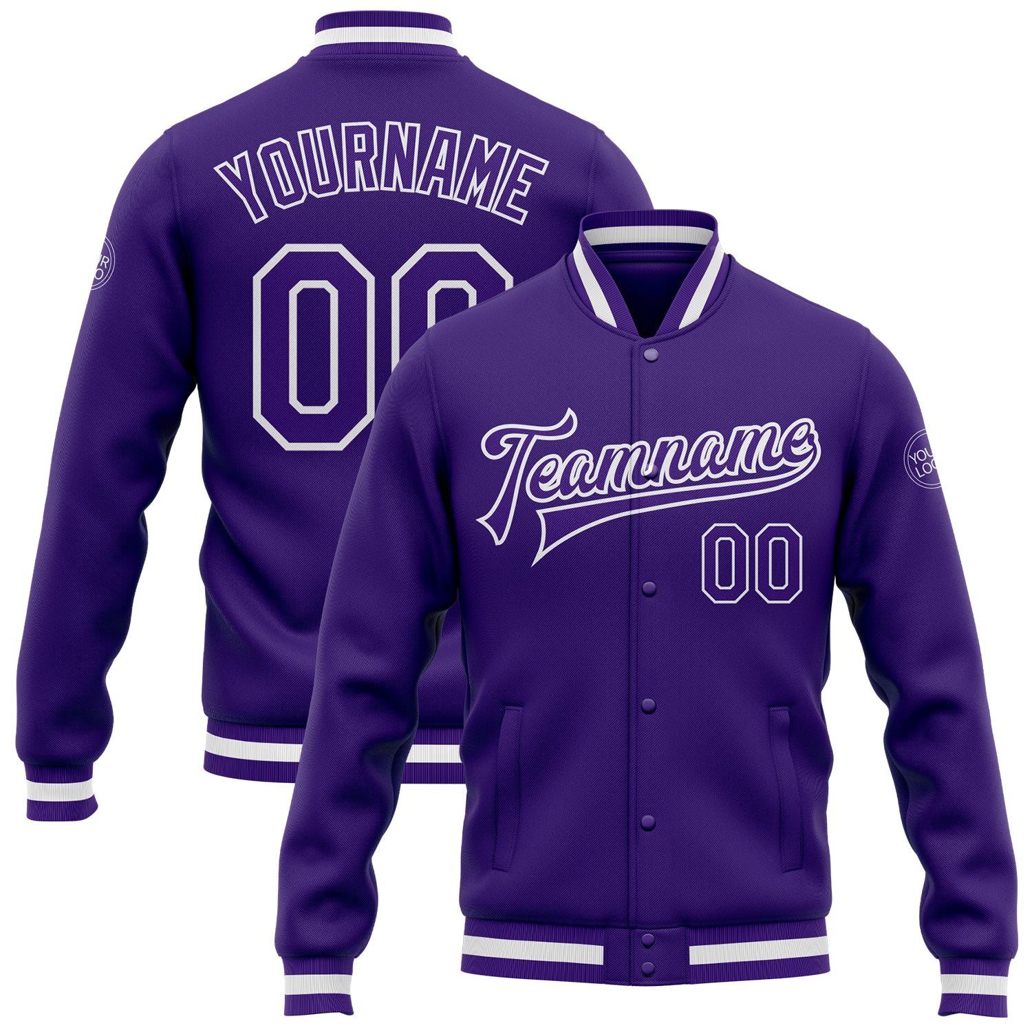 Personalized Purple Purple-White Bomber Full-Snap Varsity Letterman Jacket Team Custom Name and Number