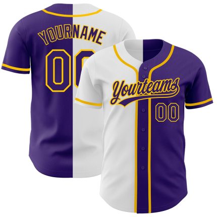 Personalized Purple Purple White-Gold Authentic Split Fashion Baseball Jersey Team Custom Name and Number