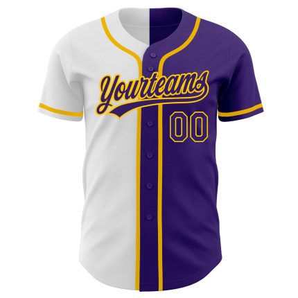 Personalized Purple Purple White-Gold Authentic Split Fashion Baseball Jersey Team Custom Name and Number