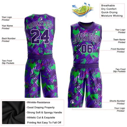 Personalized Purple Purple-White Music Festival Round Neck Sublimation Basketball Suit Jersey Team Custom Name and Number