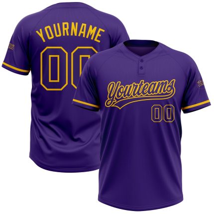 Personalized Purple Purple-Yellow Two-Button Unisex Softball Jersey Team Custom Name and Number