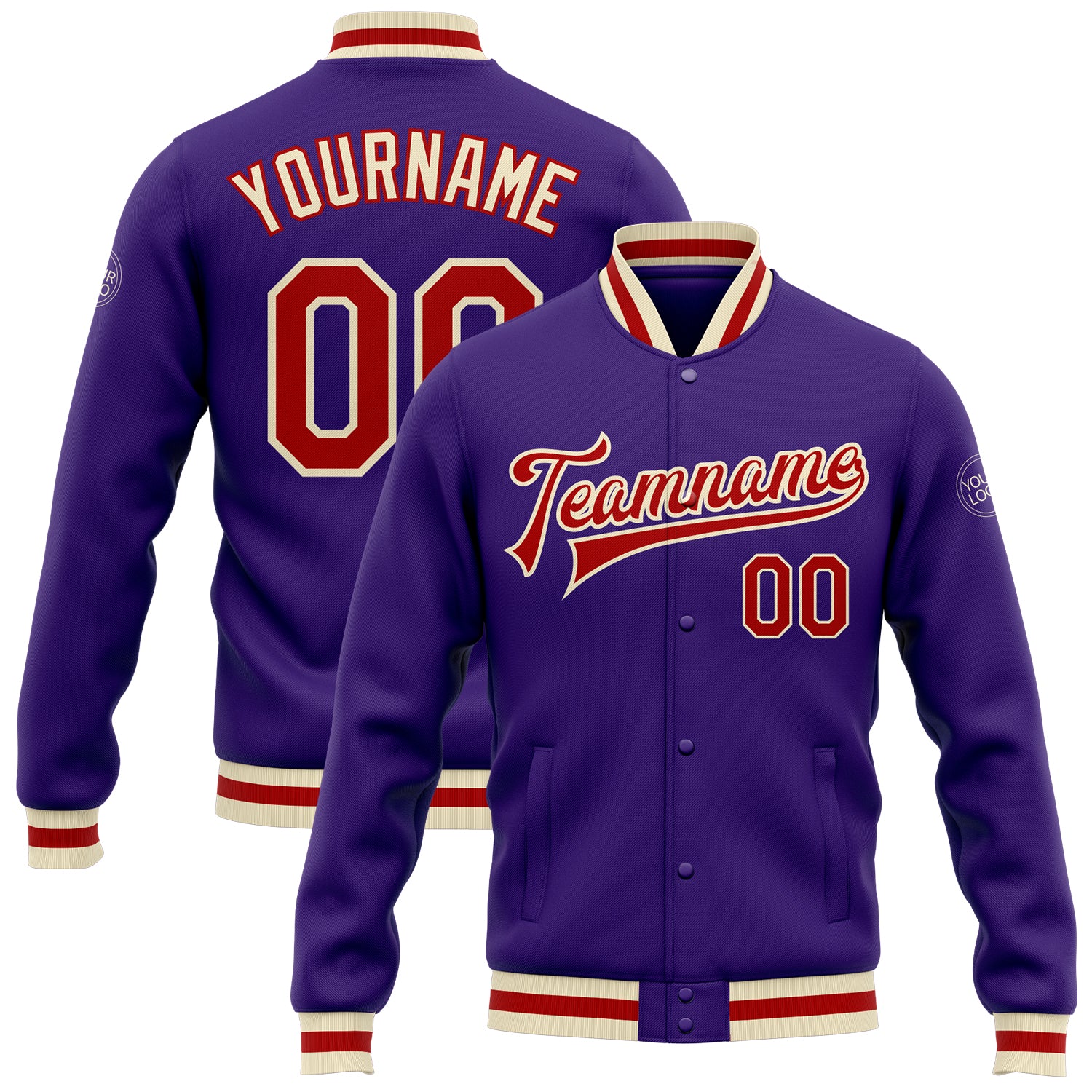Personalized Purple Red-Cream Bomber Full-Snap Varsity Letterman Jacket Team Custom Name and Number