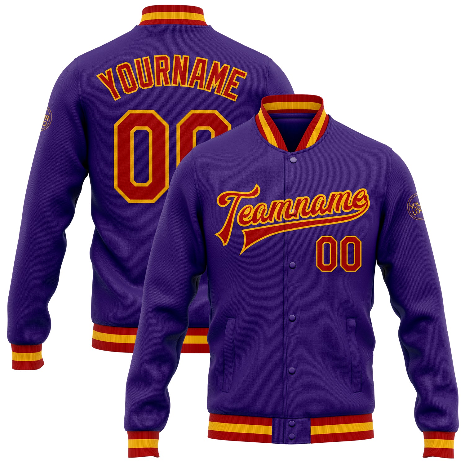 Personalized Purple Red-Gold Bomber Full-Snap Varsity Letterman Jacket Team Custom Name and Number