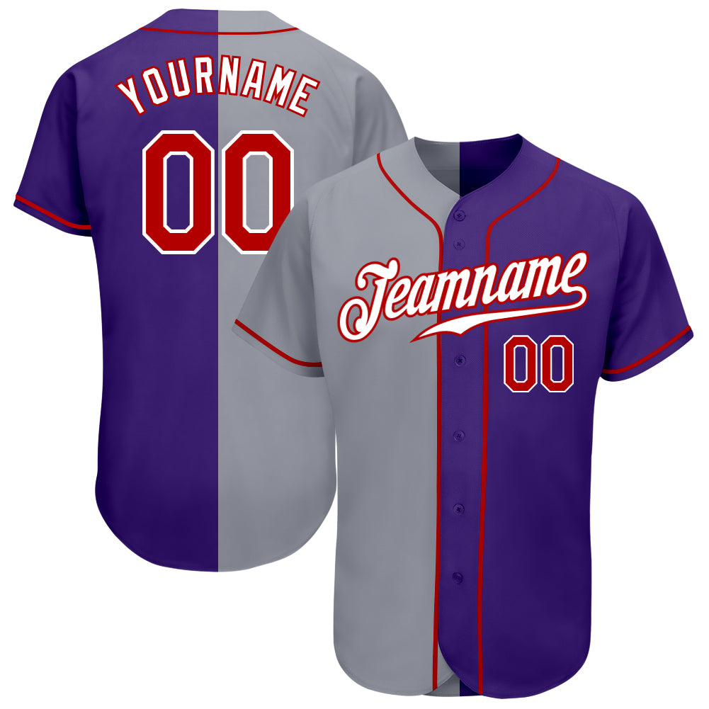 Personalized Purple Red-Gray Authentic Split Fashion Baseball Jersey Team Custom Name and Number