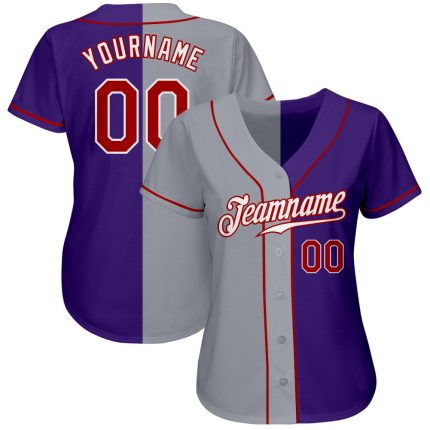 Personalized Purple Red-Gray Authentic Split Fashion Baseball Jersey Team Custom Name and Number