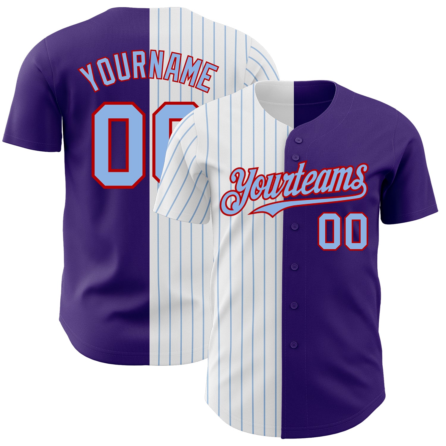 Personalized Purple Red-Light Blue Pinstripe Authentic Split Fashion Baseball Jersey Team Custom Name and Number