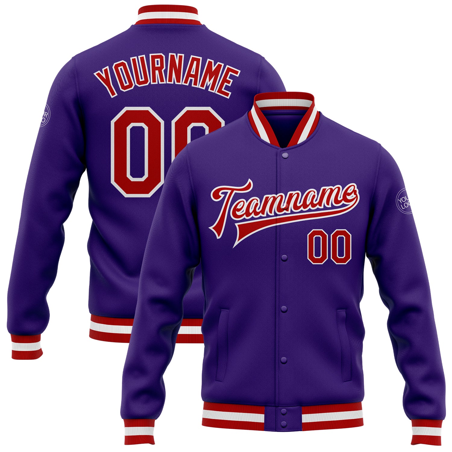 Personalized Purple Red-White Bomber Full-Snap Varsity Letterman Jacket Team Custom Name and Number