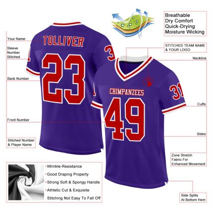 Personalized Purple Red-White Mesh Authentic Throwback Football Jersey Team Custom Name and Number