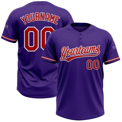 Personalized Purple Red-White Two-Button Unisex Softball Jersey Team Custom Name and Number