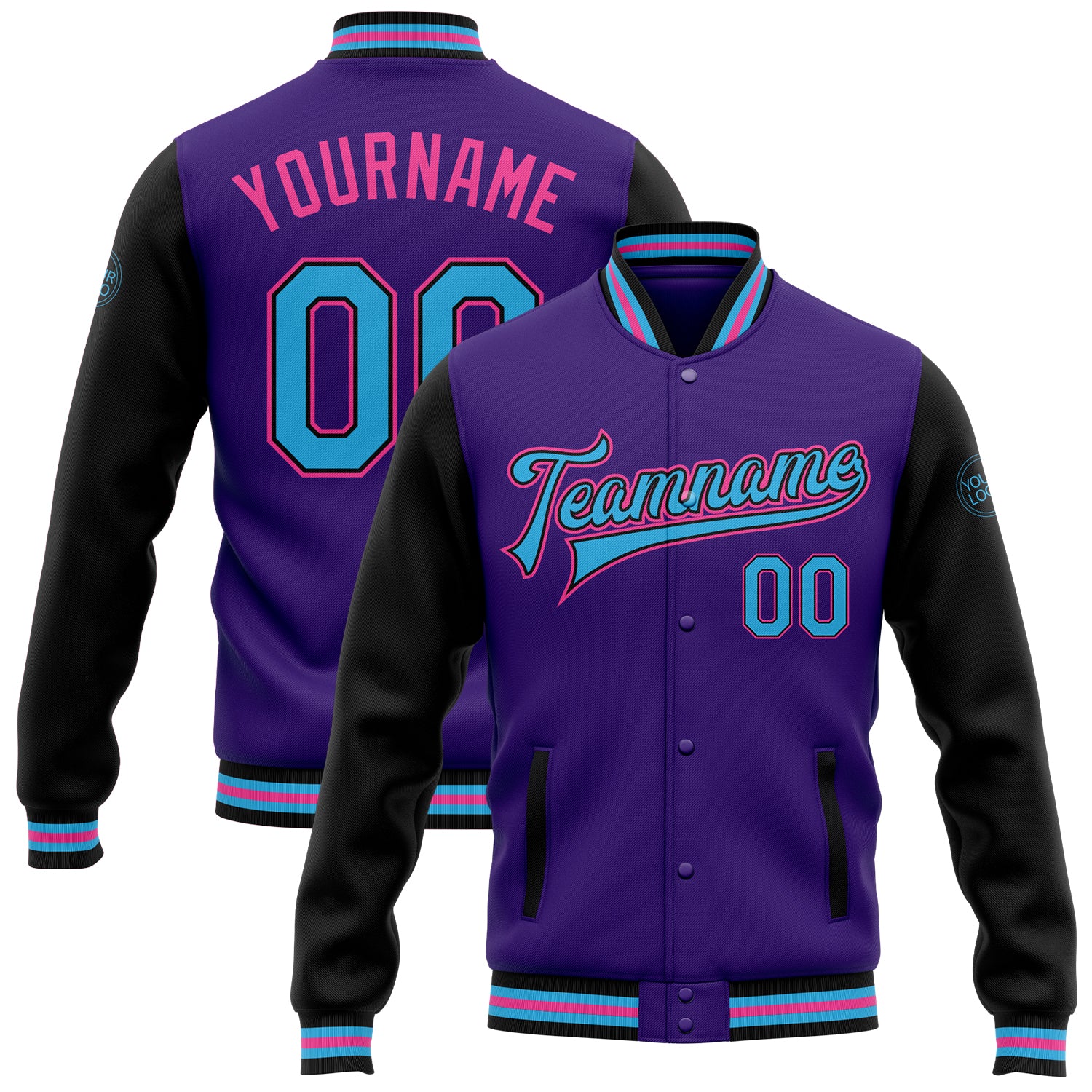 Personalized Purple Sky Blue Black-Pink Bomber Full-Snap Varsity Letterman Two Tone Jacket Team Custom Name and Number