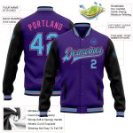 Personalized Purple Sky Blue Black-Pink Bomber Full-Snap Varsity Letterman Two Tone Jacket Team Custom Name and Number