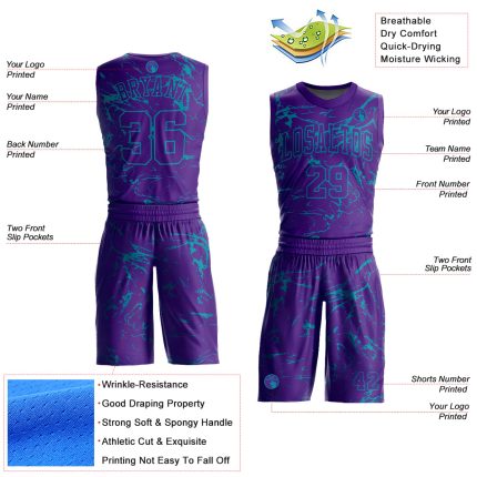 Personalized Purple Teal Abstract Grunge Art Round Neck Sublimation Basketball Suit Jersey Team Custom Name and Number