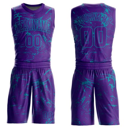 Personalized Purple Teal Abstract Grunge Art Round Neck Sublimation Basketball Suit Jersey Team Custom Name and Number