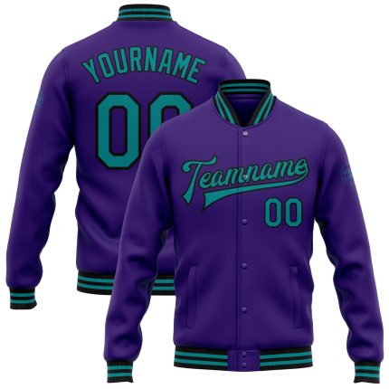 Personalized Purple Teal-Black Bomber Full-Snap Varsity Letterman Jacket Team Custom Name and Number