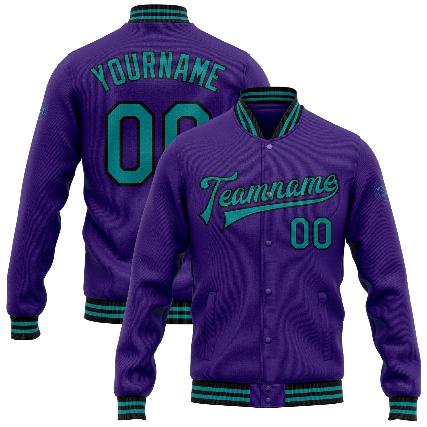 Personalized Purple Teal-Black Bomber Full-Snap Varsity Letterman Jacket Team Custom Name and Number