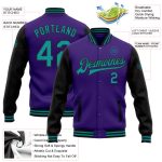 Personalized Purple Teal-Black Bomber Full-Snap Varsity Letterman Two Tone Jacket Team Custom Name and Number
