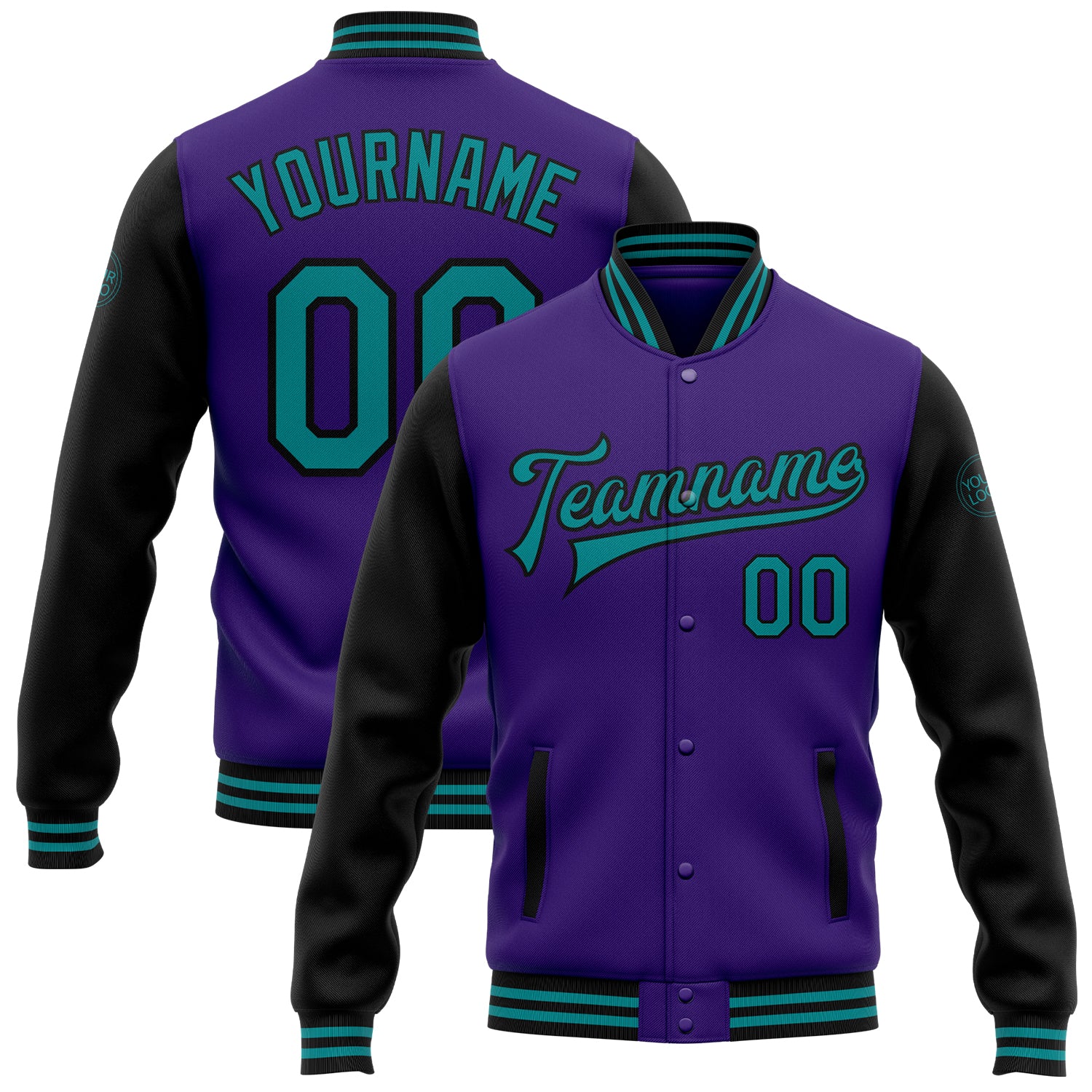 Personalized Purple Teal-Black Bomber Full-Snap Varsity Letterman Two Tone Jacket Team Custom Name and Number