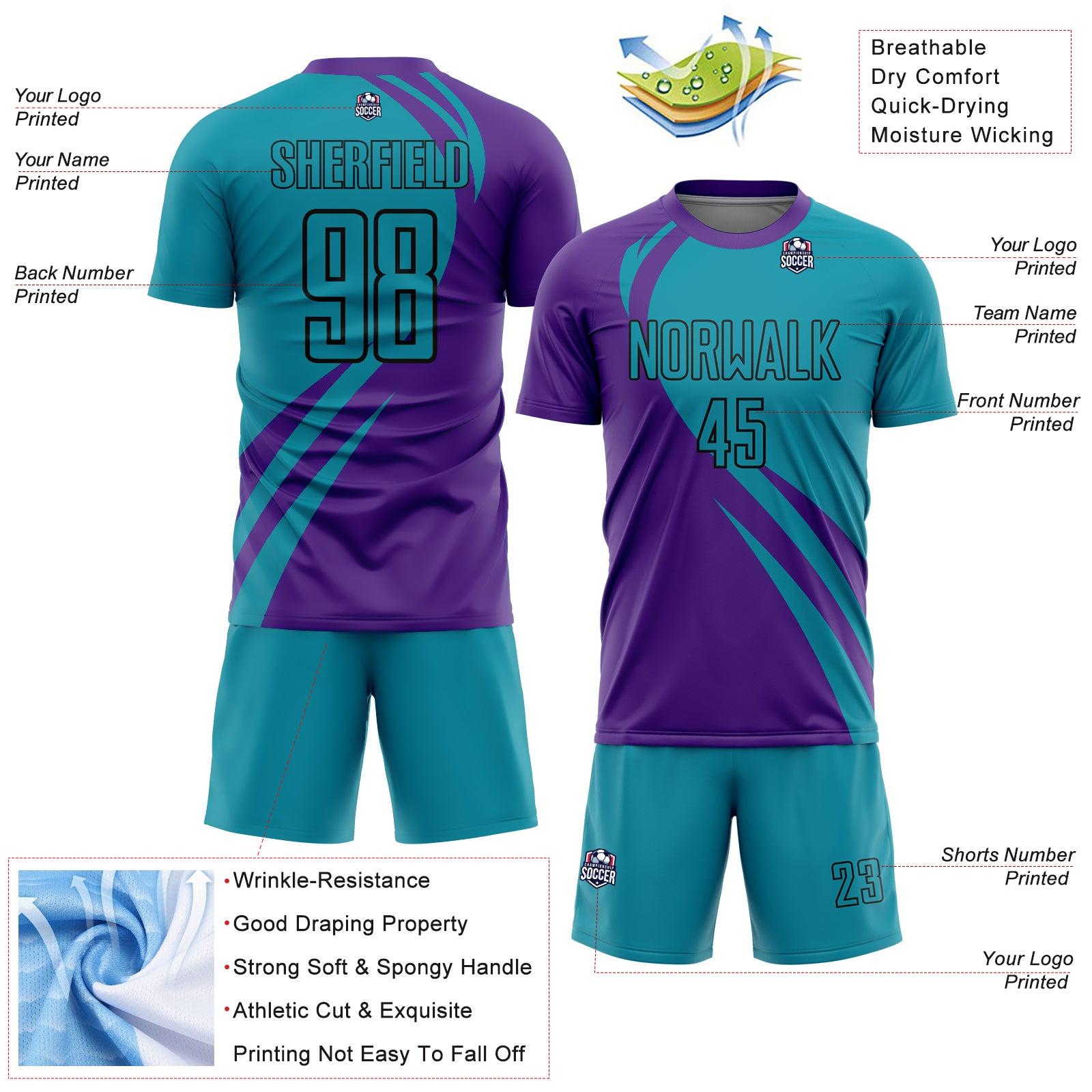 Personalized Purple Teal-Black Curve Lines Sublimation Soccer Uniform Jersey Team Custom Name and Number Personalized Purple Teal-Black Curve Lines Sublimation Soccer Uniform Jersey Team Custom Name and Number - Image 4