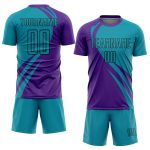 Personalized Purple Teal-Black Curve Lines Sublimation Soccer Uniform Jersey Team Custom Name and Number