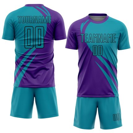 Personalized Purple Teal-Black Curve Lines Sublimation Soccer Uniform Jersey Team Custom Name and Number