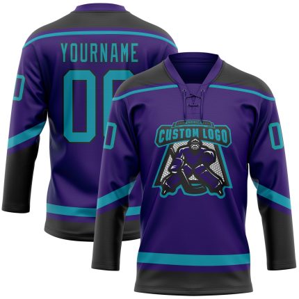 Personalized Purple Teal-Black Hockey Lace Neck Jersey Team Custom Name and Number