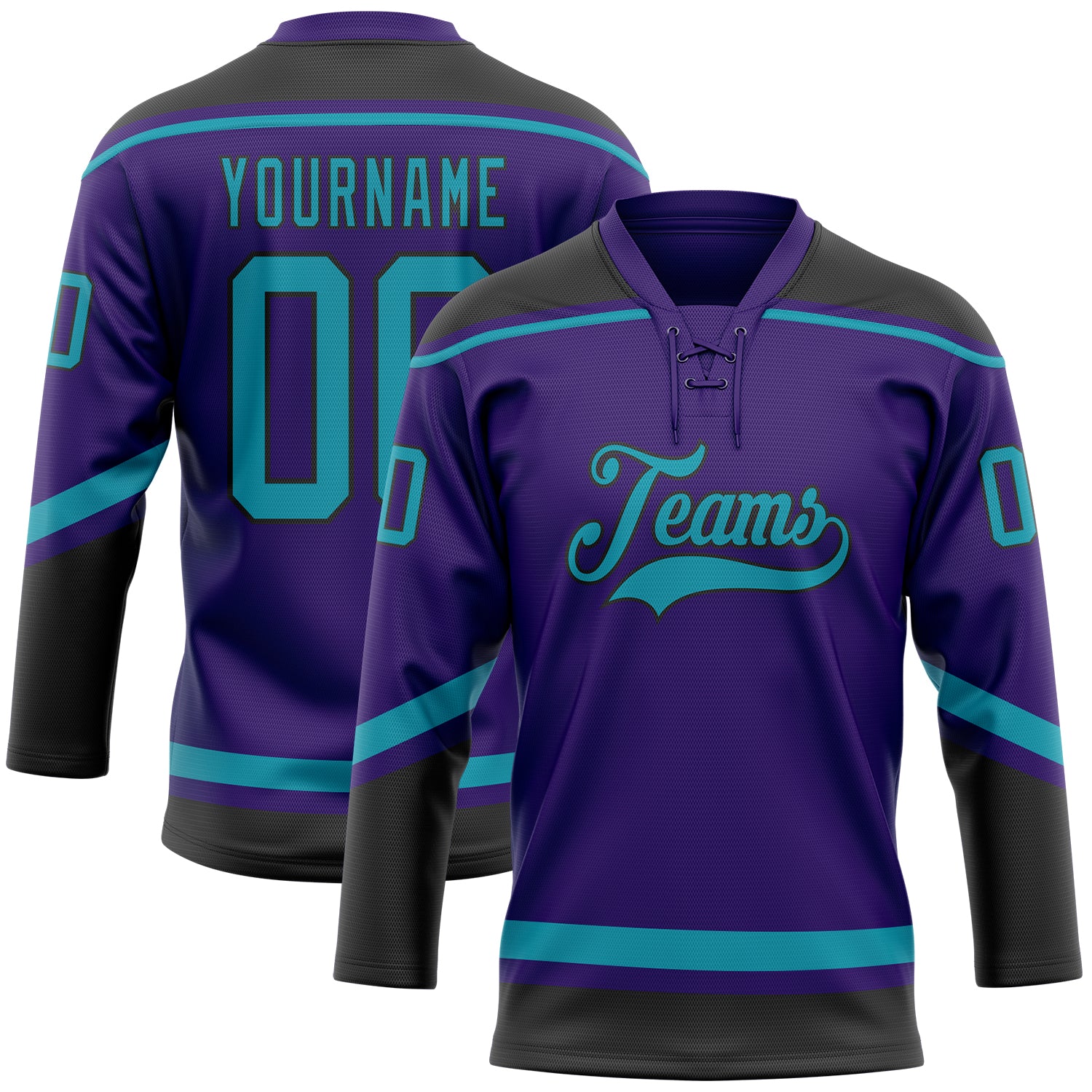 Personalized Purple Teal-Black Hockey Lace Neck Jersey Team Custom Name and Number