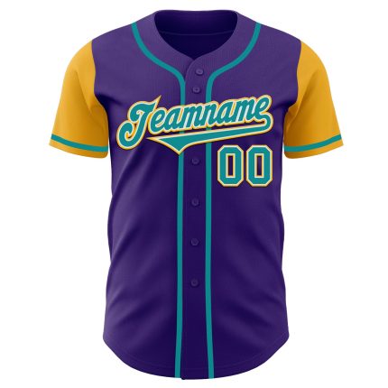 Personalized Purple Teal-Gold Authentic Two Tone Baseball Jersey Team Custom Name and Number
