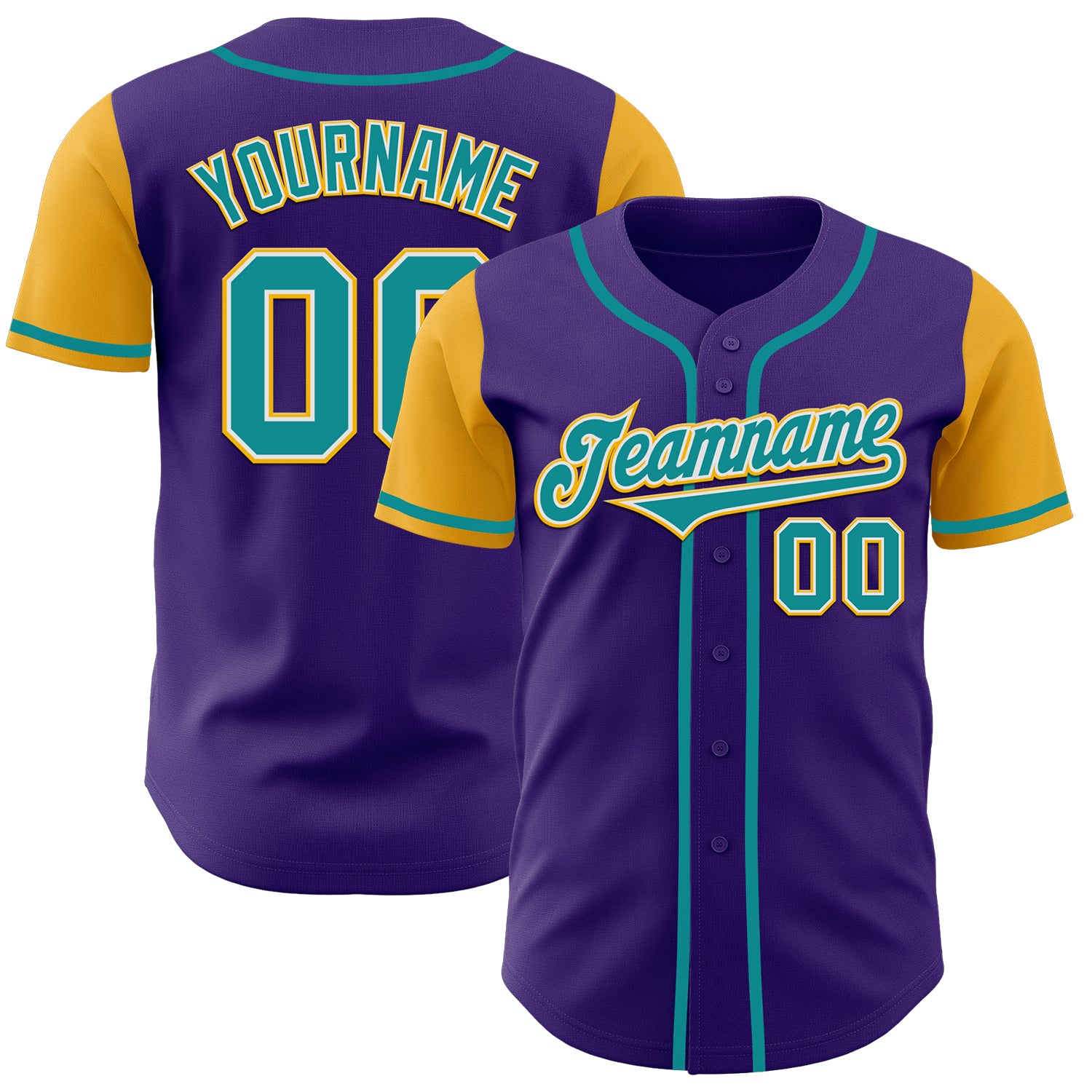 Personalized Purple Teal-Gold Authentic Two Tone Baseball Jersey Team Custom Name and Number