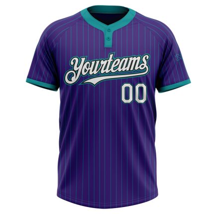 Personalized Purple Teal Pinstripe White-Black Two-Button Unisex Softball Jersey Team Custom Name and Number