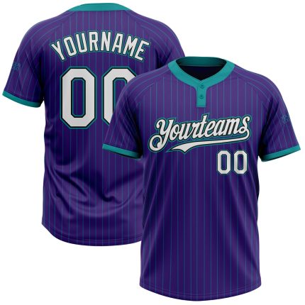 Personalized Purple Teal Pinstripe White-Black Two-Button Unisex Softball Jersey Team Custom Name and Number