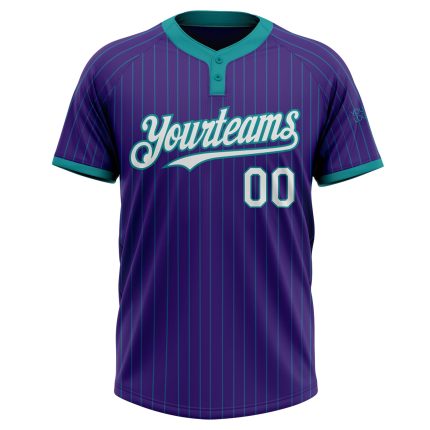 Personalized Purple Teal Pinstripe White Two-Button Unisex Softball Jersey Team Custom Name and Number